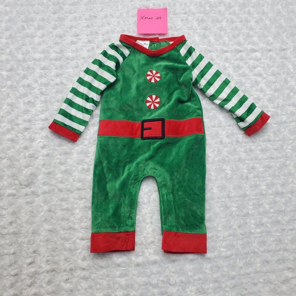 Baby Christmas Elf Romper Holiday Velour Jumpsuit Costume Green Striped Pajamas